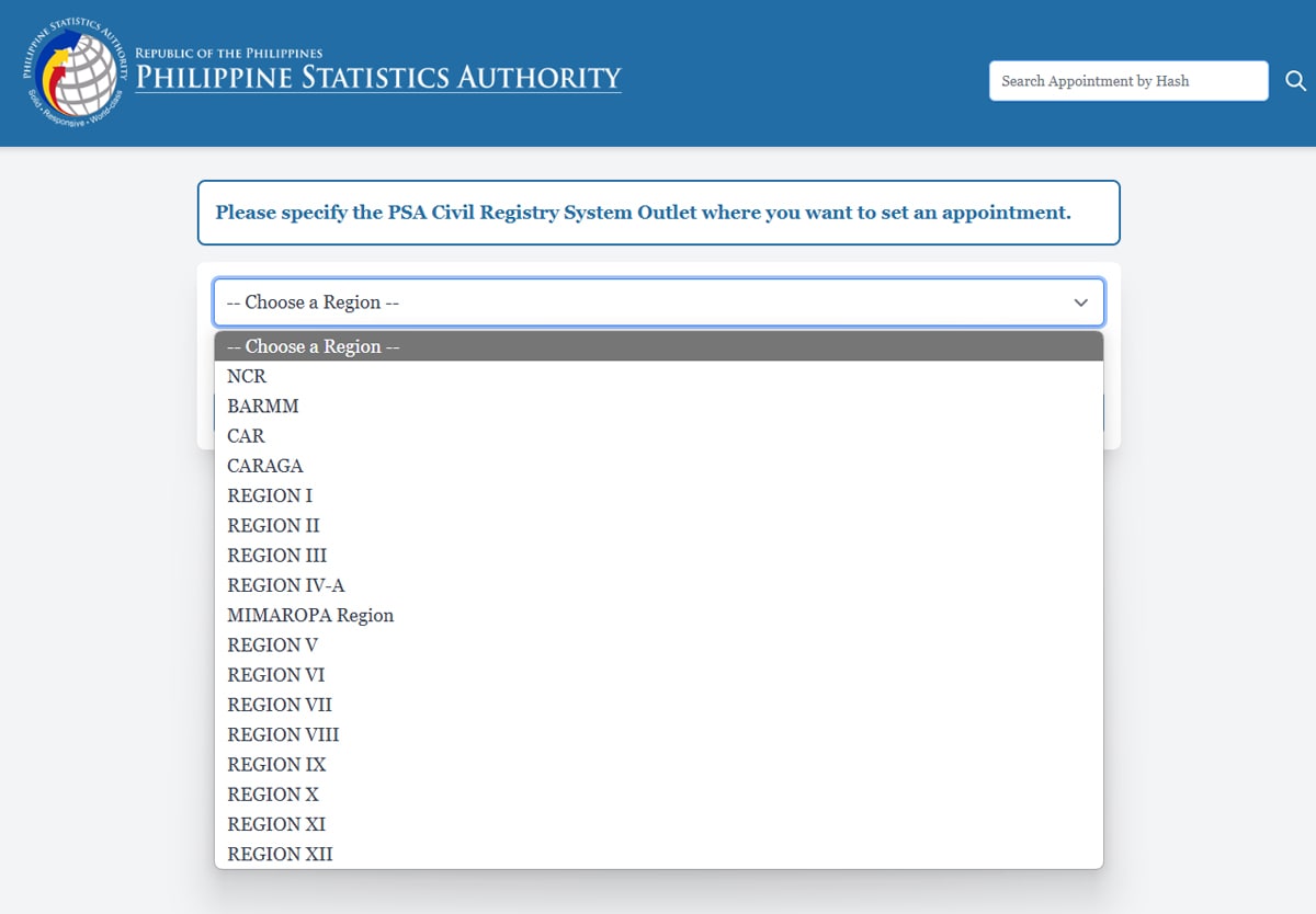 Setting a PSA online appointment: Selecting a PSA CRS outlet